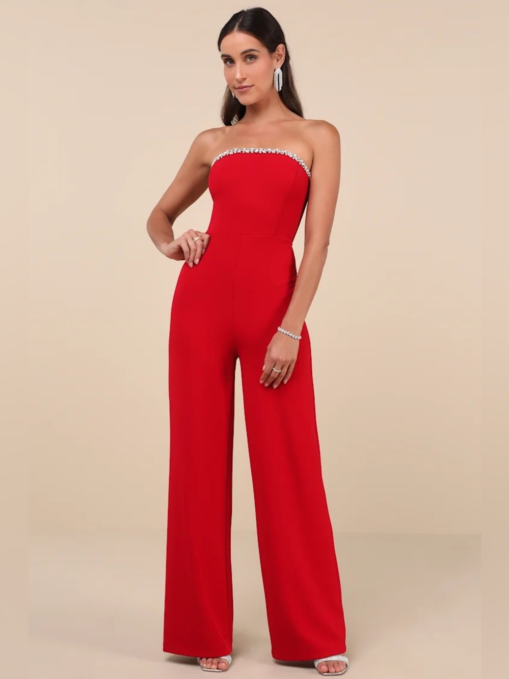 Lulus Lavish Muse Red Rhinestone Strapless Jumpsuit large NWOT